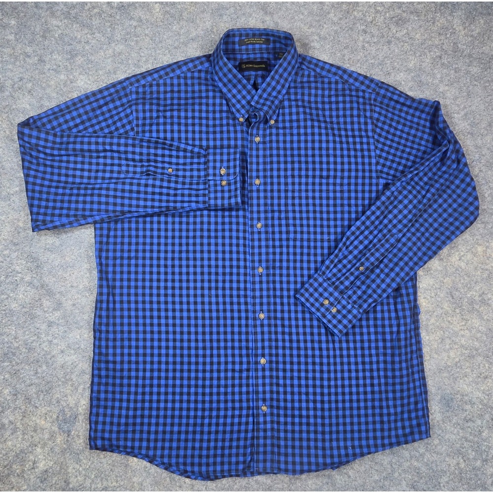 Allen Edmonds Mens XXL Blue Black Gingham Check Button Down Shirt Wrinkle Free